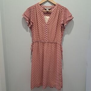 H&M Red Geometric Mini Flutter Sleeve V-Neck Cottagecore Dress Womens 6